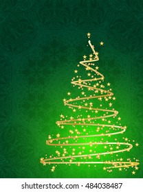 stylized Christmas tree on decorative background. Merry Christmas lettering text for internet sites, gift cards, flyers and presentations. Vector illustration
