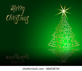 stylized Christmas tree on decorative background. Merry Christmas lettering text for internet sites, gift cards, flyers and presentations. Vector illustration
