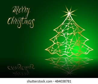 stylized Christmas tree on decorative background. Merry Christmas lettering text for internet sites, gift cards, flyers and presentations. Vector illustration
