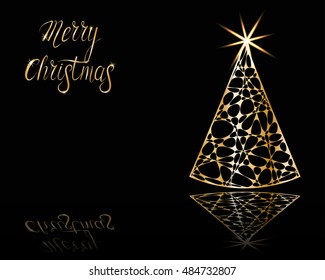 stylized Christmas tree on decorative background. Merry Christmas lettering text for internet sites, gift cards, flyers and presentations. Vector illustration