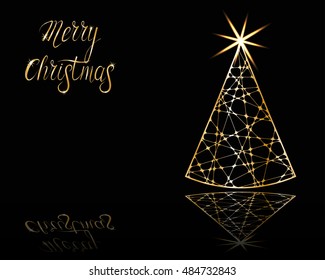 stylized Christmas tree on decorative background. Merry Christmas lettering text for internet sites, gift cards, flyers and presentations. Vector illustration