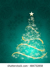 stylized Christmas tree on decorative background. Merry Christmas lettering text for internet sites, gift cards, flyers and presentations. Vector illustration