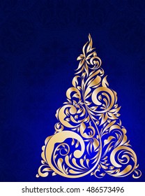 stylized Christmas tree on decorative background. Merry Christmas lettering text for internet sites, gift cards, flyers and presentations. Vector illustration