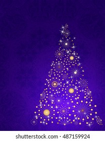 stylized Christmas tree on decorative background. Merry Christmas lettering text for internet sites, gift cards, flyers and presentations. Vector illustration