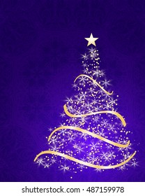 stylized Christmas tree on decorative background. Merry Christmas lettering text for internet sites, gift cards, flyers and presentations. Vector illustration