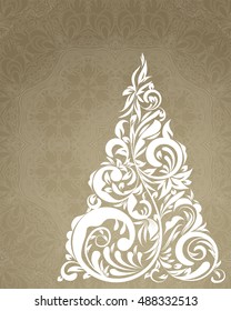 stylized Christmas tree on decorative floral background. Merry Christmas theme for internet sites, gift cards, flyers and presentations. Vector illustration