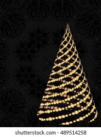 stylized Christmas tree on decorative background. Merry Christmas lettering text for internet sites, gift cards, flyers and presentations. Vector illustration