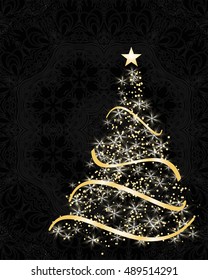 stylized Christmas tree on decorative background. Merry Christmas lettering text for internet sites, gift cards, flyers and presentations. Vector illustration
