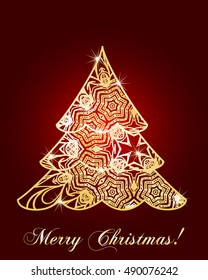 stylized Christmas tree on decorative background. Merry Christmas lettering text for internet sites, gift cards, flyers and presentations. Vector illustration