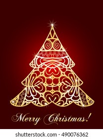stylized Christmas tree on decorative background. Merry Christmas lettering text for internet sites, gift cards, flyers and presentations. Vector illustration