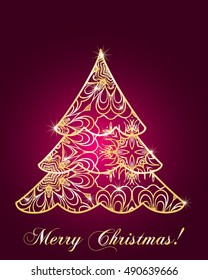 stylized Christmas tree on decorative background. Merry Christmas lettering text for internet sites, gift cards, flyers and presentations. Vector illustration