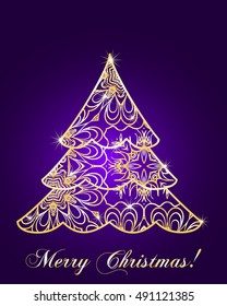 stylized Christmas tree on decorative background. Merry Christmas lettering text for internet sites, gift cards, flyers and presentations. Vector illustration