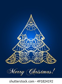 stylized Christmas tree on decorative background. Merry Christmas lettering text for internet sites, gift cards, flyers and presentations. Vector illustration