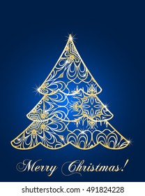 stylized Christmas tree on decorative background. Merry Christmas lettering text for internet sites, gift cards, flyers and presentations. Vector illustration