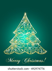 stylized Christmas tree on decorative background. Merry Christmas lettering text for internet sites, gift cards, flyers and presentations. Vector illustration