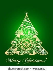stylized Christmas tree on decorative background. Merry Christmas lettering text for internet sites, gift cards, flyers and presentations. Vector illustration