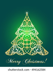 stylized Christmas tree on decorative background. Merry Christmas lettering text for internet sites, gift cards, flyers and presentations. Vector illustration