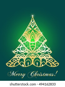 stylized Christmas tree on decorative background. Merry Christmas lettering text for internet sites, gift cards, flyers and presentations. Vector illustration