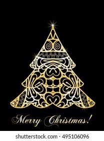 stylized Christmas tree on decorative background. Merry Christmas lettering text for internet sites, gift cards, flyers and presentations. Vector illustration