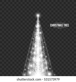Stylized Christmas Tree on Transparent Background Vector Illustration. Abstract bright white shimmer glowing scatter falling round particles, lights and snowflakes