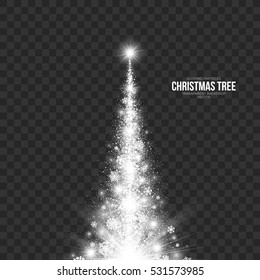 Stylized Christmas Tree on Transparent Background Vector Illustration. Abstract bright white shimmer glowing scatter falling round particles, lights and snowflakes