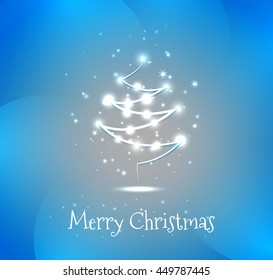 Stylized Christmas tree pine glowing garland Xmas ball. Vector illustration, blue background. Stylized Merry tree bokeh. electric garland, lettering Merry Christmas text.