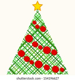 Stylized Christmas tree with red ornaments.