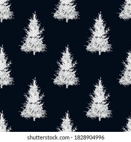 Stylized Christmas tree. Seamless pattern with a Christmas tree on a dark background. Wallpaper, modern design of textiles, print, wrapping paper. Vector illustration.