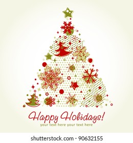 Stylized Christmas tree shaped card with snowflakes, xmas fir trees and stars on a halftone background