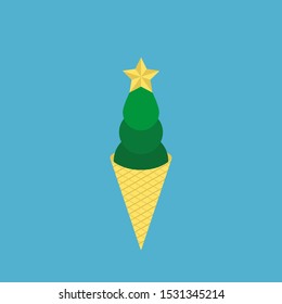 Stylized Christmas tree shaped ice cream on blue background. New Year, winter, holiday, December, party and dessert concept. Flat design. Vector illustration. No gradients, no transparency
