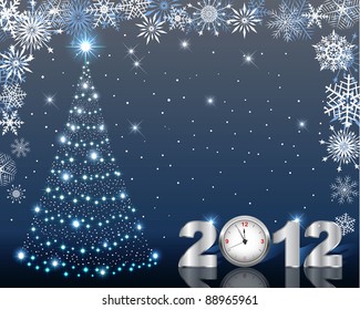 Stylized Christmas tree and silver figure 2012 with clock. 10 EPS. Vector illustration.