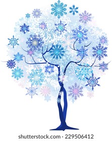 Stylized Christmas tree with snowflakes in shades of blue