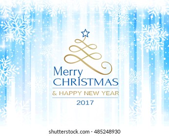 Un estilizado árbol de Navidad con estrella y el texto Feliz Navidad y Feliz Año Nuevo con un fondo azul de rayas blancas. Las nevadas y los efectos de la luz le dan una sensación suave y soñadora.