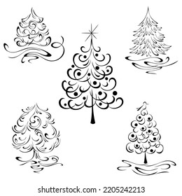 stylized Christmas tree with swirls. graphic decor, SET