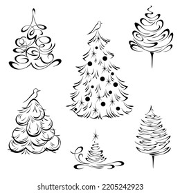 stylized Christmas tree with swirls. graphic decor, SET