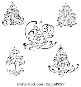 stylized Christmas tree with swirls. graphic decor, SET