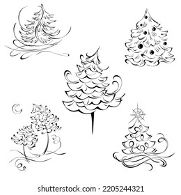 stylized Christmas tree with swirls. graphic decor, SET