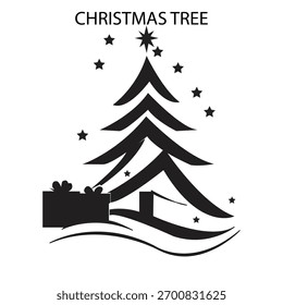 Stylized Christmas tree vector in black and white with stars, gift boxes, and bold festive typography