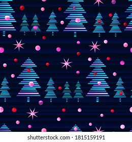 Stylized Christmas trees, balls and stars on a blue dark background. Seamless Christmas pattern. Vector illustration.