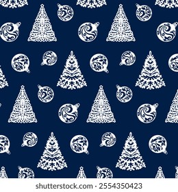 Stylized Christmas trees and balls.Vector seamless pattern with Christmas trees and balls on a blue background.