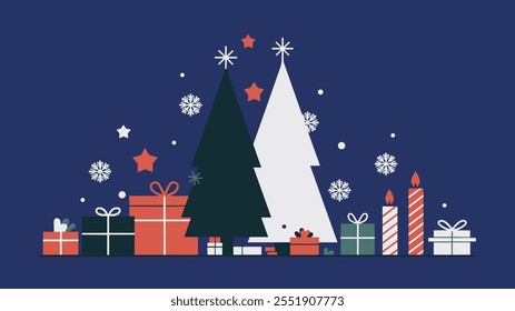 Stylized Christmas trees with gifts, candles, snowflakes, and stars on a dark blue background
