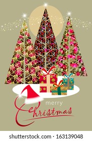 stylized christmas trees with gifts and santa's cap