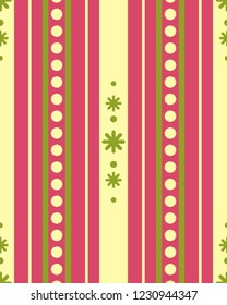 Stylized Christmas trees, gifts and snowflakes. Christmas texture for festive packaging. Striped texture. Bright colors. Vector Eps 10