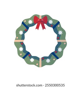 Stylized Christmas wreath decorated with red bow. Modern geometric Christmas flat design. Holiday theme clip art.