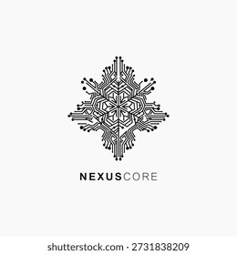 Stylized circuit board snowflake design with 'NEXUSCORE' text below, symbolizing technology and innovation
