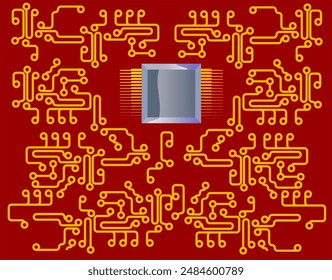 Un circuito estilizado con un procesador. Fondo con soldadura del chip.