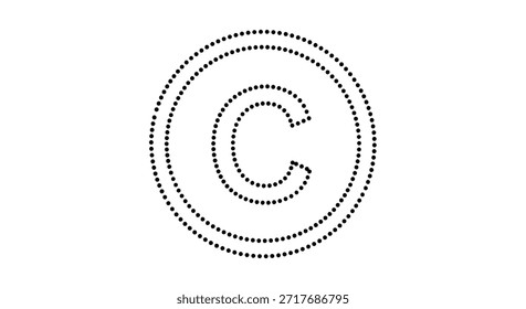 Um símbolo de direitos autorais estilizado é representado, composto de pontos dispostos em círculos concêntricos e formando a letra 'C'. A imagem é colocada sobre um plano de fundo branco limpo, enfatizando o