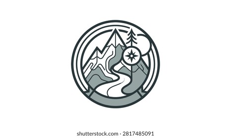 Stylized circular emblem depicting a mountain range, winding river, pine trees, and a compass rose, symbolizing adventure and nature.