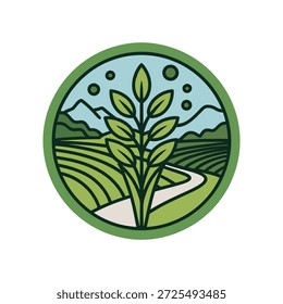 Stilisiertes kreisförmiges Emblem, das eine blühende grüne Pflanze darstellt, die aus einer gewundenen Strecke inmitten von sanften landwirtschaftlichen Feldern und fernen Bergen unter freiem Himmel hervorgeht