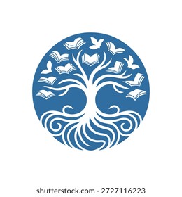 Um emblema circular estilizado representando uma árvore com livros abertos como folhas e pássaros voando de seus ramos, simbolizando sabedoria e aprendizado.
